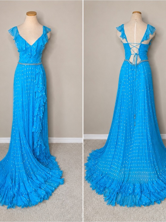 Sherri Hill Dresses & Skirts - Sherri Hill 52643 Aqua Blue Metallic Chiffon Corset Ruffle Gown Size 12